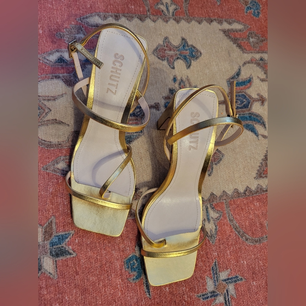 Shutz gold metallic high heel sandal